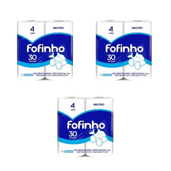Imagem de Kit 3 Pacotes de Papel Higiênico Folha Simples Fofinho pacote com 4 rolos de 30 metros