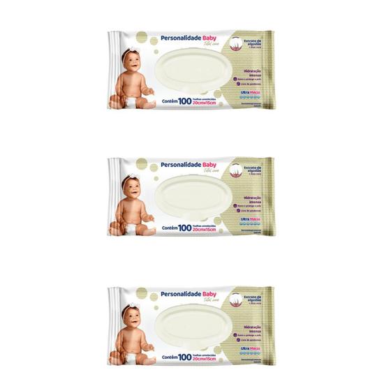 Imagem de Kit 3 Pacotes de Toalha Umedecida Personalidade Baby Total Care 20x15cm com 100 lenços cada