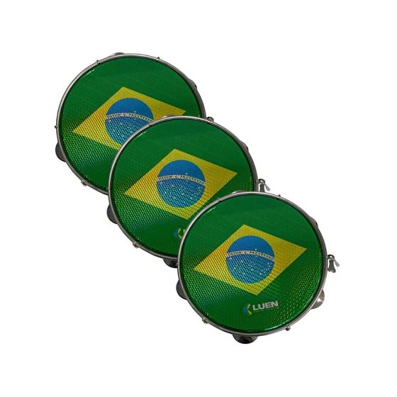 Imagem de Kit 3 pandeiros 10 pol. pele bandeira torcida brasil luen