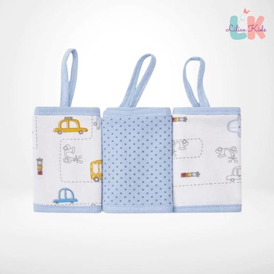 Imagem de Kit 3 Paninhos de Boca com Prendedor de Chupeta 28cm x 28cm CARROS