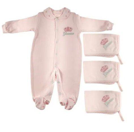 Imagem de Kit 3 panos de boca rosa bordados coroa e nome do bebê e macacão rosa bordado coroa e nome do bebê