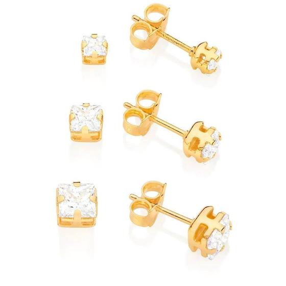 Imagem de Kit 3 Pares Brinco Rommanel Quadrado Zircônia Adulto Folheado a Ouro18k