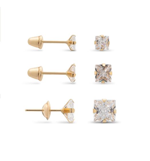Imagem de Kit 3 Pares Brincos de Ouro 18K Ice Branco Quadrado Zircônias de 3, 4 e 5mm