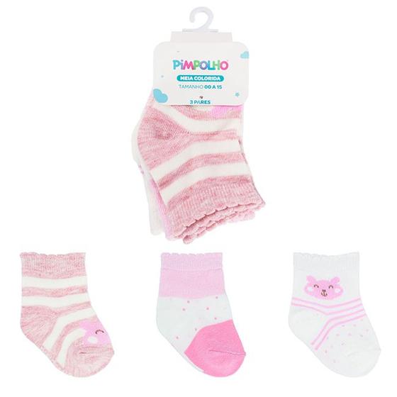 Imagem de Kit 3 Pares De Meia Infantil Colorida Estampada Menina Tamanho 00 ao 15 Pimpolho