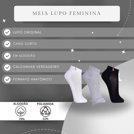 Imagem de Kit 3 Pares de Meias Lupo Feminina Cano Curto Algodão Lisa Premium 