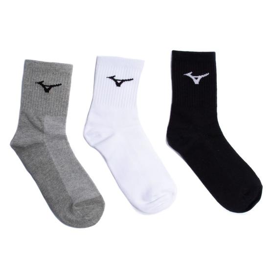 Imagem de Kit 3 Pares Meias Esportivas Mizuno Cano Médio Cinza/Branco/Preto