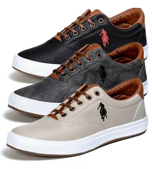 Kit 3 Pares Sapatênis Masculino Casual Polo Tenis Macio Leve e Confortável - Cinza/Preto/Bege Menor preço em Kit 3 Pares Sapatênis Masculino Casual Polo Tenis Macio Leve e Confortável - Cinza/Preto/Bege