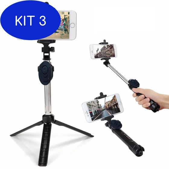Kit 3 Pau De Selfie Monopod Tripe Bastão Retrátil para Celulares WXY