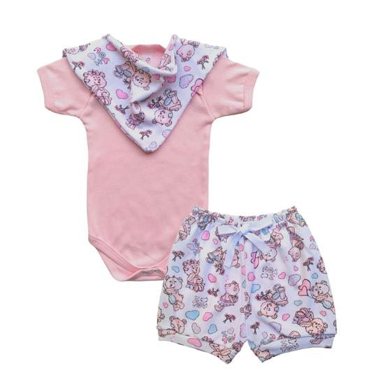 Imagem de Kit 3 Pçs Body + Short + Babador Bandana Roupa Bebê Algodão