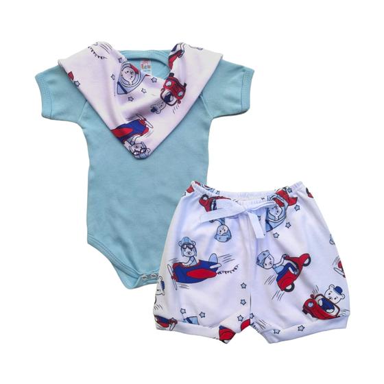 Imagem de Kit 3 Pçs Body + Short + Babador Bandana Roupa Bebê Algodão