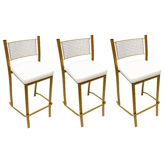 Kit 3 Peças Banqueta Média para Bancada Empilhável cor Dourado Fosco assento branco Altura 65cm - Poltronas do Sul Imagem de Kit 3 Peças Banqueta Média para Bancada Empilhável cor Dourado Fosco assento branco Altura 65cm