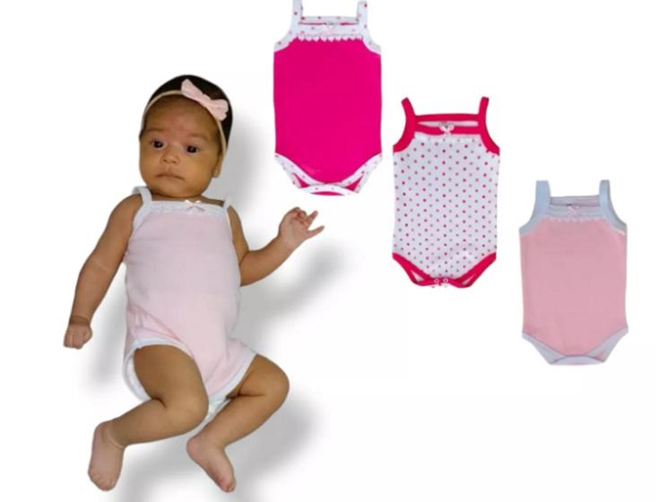 Imagem de Kit 3 Peças Body Alcinha P/ Bebê Algodão Enxoval Feminino