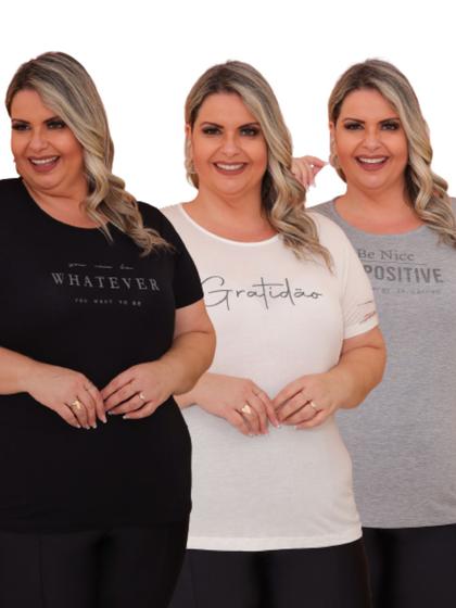 Imagem de Kit 3 Peças - Camiseta Feminina Plus Size Estampa Sortida Básica Dia a Dia Toque Macio