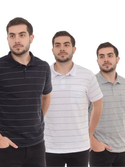 Imagem de Kit 3 peças - Camiseta Masculina Polo Listrada Básica com Bolso