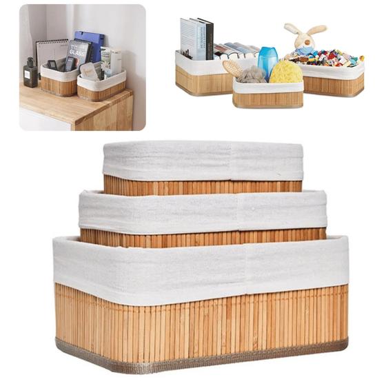 Kit 3 Peças Cestos Organizadores de Bambu com Forro Removível Tamanhos P M G