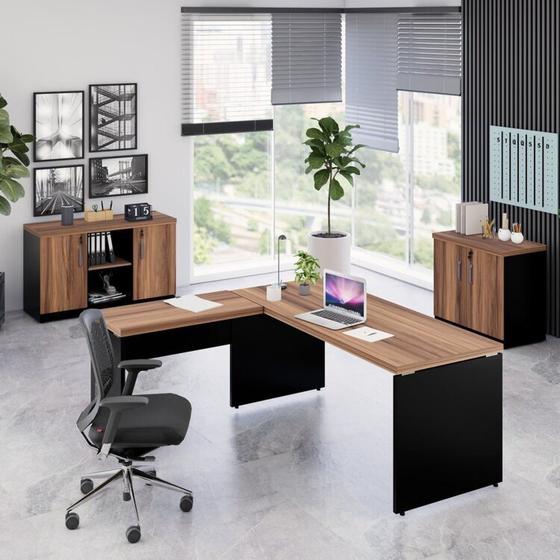 Imagem de Kit 3 Peças com Mesa para Escritório em L 170x160cm, com Dois Armários Baixos Espresso Móveis