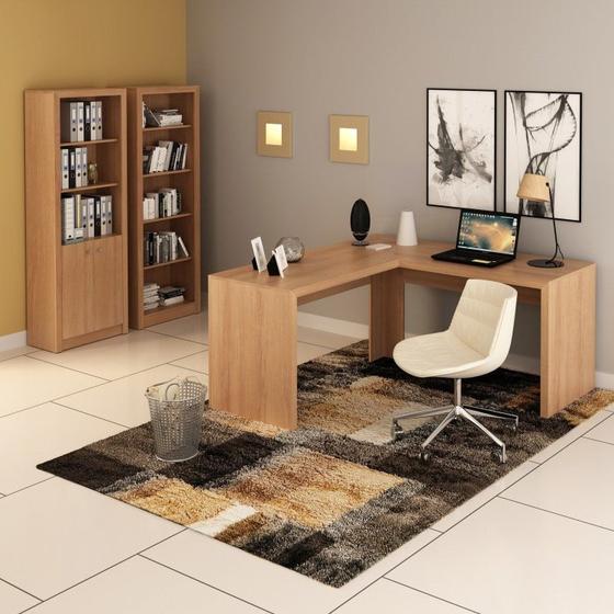 Imagem de Kit 3 Peças com Mesa para Escritório em L, Estante Livreiro Aberta e Estante com 2 Portas