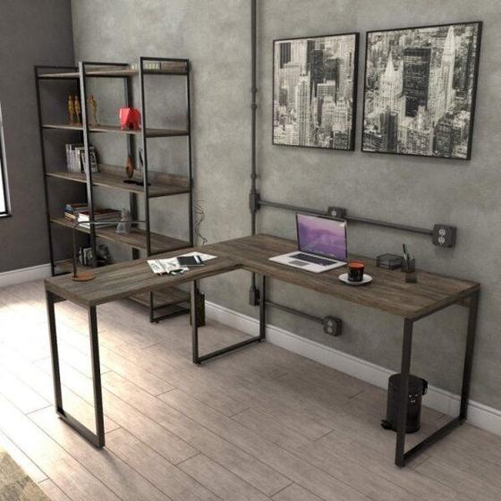 Imagem de Kit 3 Peças com Mesa para Escritório em L Kuadra e 2 Estantes Multiuso 5 Prateleiras