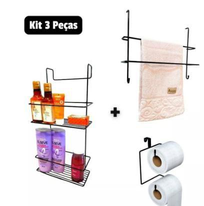 Imagem de Kit 3 Peças  Conjunto Organizador  para Banheiro Suporte Shampoo Porta Toalha Suporte Papel Caixa Acoplada 