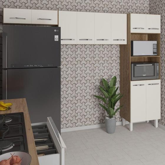 Imagem de Kit 3 Peças Cozinha Compacta Luna Paneleiro Torre Quente Armário Suspenso Aéreo 118cm Aéreo Geladeira Savana Off White