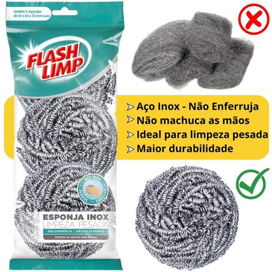 Imagem de Kit 3 Peças Esponja Aço Inox Macia Resistente Ecologica Não Machuca Para Limpeza Pesada Flash Limp - FlashLimp Ref. E3A4821