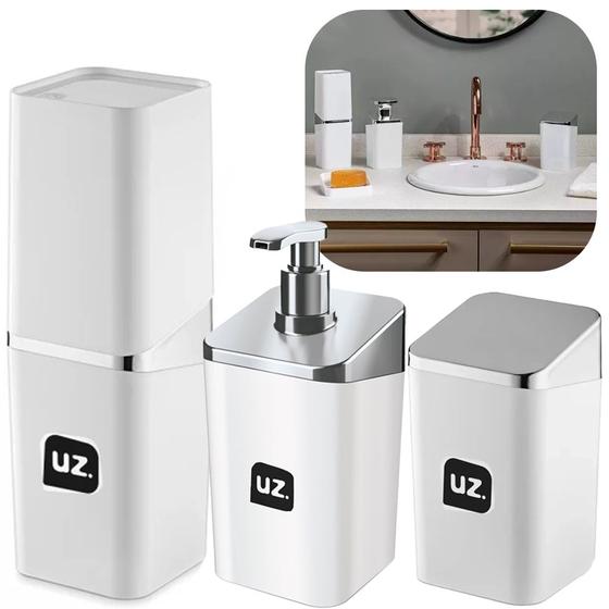 Imagem de Kit 3 peças lavabo banheiro porta sabonete algodão e escova luxo branco - uz