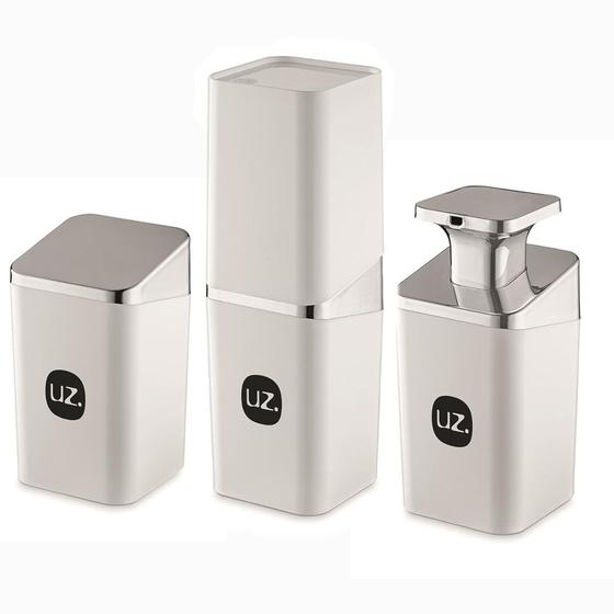 Imagem de Kit 3 peças lavabo banheiro porta sabonete algodão e escova luxo branco - uz