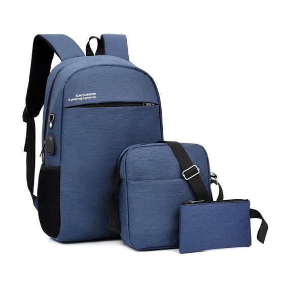 Imagem de Kit 3 Peças Mochila Masculina Escolar Estojo Comporta Bolsa entrada usb Bolsinha De Ombro Espaçosa Original Reforçada