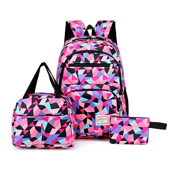 Imagem de Kit 3 Peças Mochila Multifuncional Infantil Moderna Reforçada Estojo Lancheira Espaçosa  Volta as Aulas Escolar Meninas