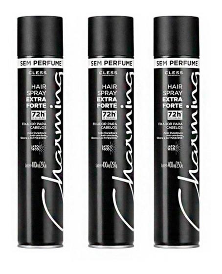 KIT 3 Peças Spray Fixador Para Cabelos Extra Forte Sem Perfume 72h Charming 400ml Menor preço em KIT 3 Peças Spray Fixador Para Cabelos Extra Forte Sem Perfume 72h Charming 400ml