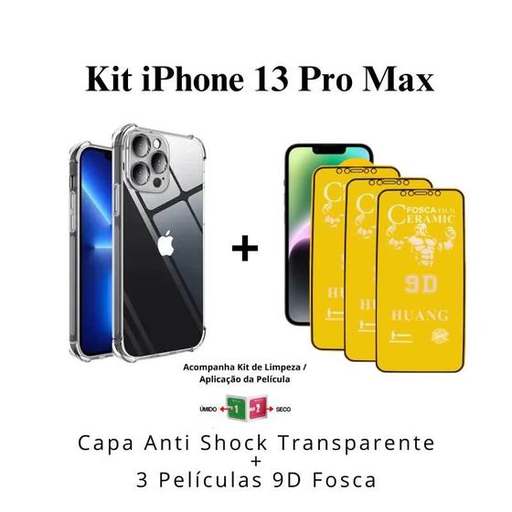 Imagem de Kit 3 Películas Cerâmica Fosca + Capa Capinha Transparente Para Iphone 13 Pro Max