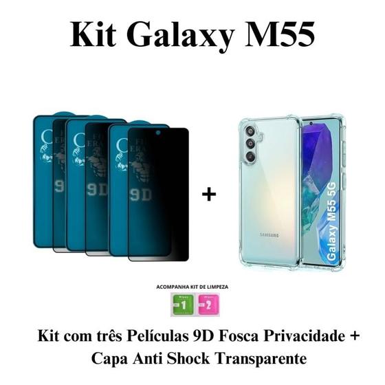 Imagem de Kit 3 Películas Cerâmica Fosca Privacidade + Capa Capinha Transparente Anti Impacto para Galaxy M55