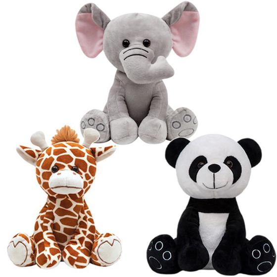 Imagem de Kit 3 Pelúcias Bebê Elefante Girafinha Panda 25cm Safari - Buba