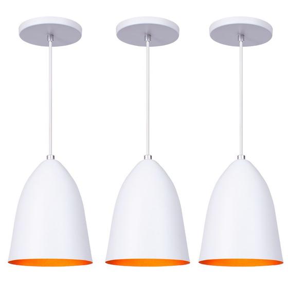 Kit 3 Pendente Lustre Luminária Cone Bala Branco com Cobre Menor preço em Kit 3 Pendente Lustre Luminária Cone Bala Branco com Cobre