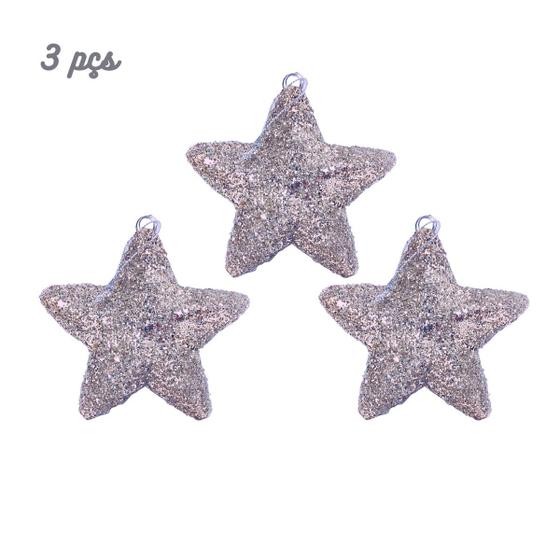 Imagem de Kit 3 pendentes estrela  p/ árvore de natal c/ glitter luxo 12cm