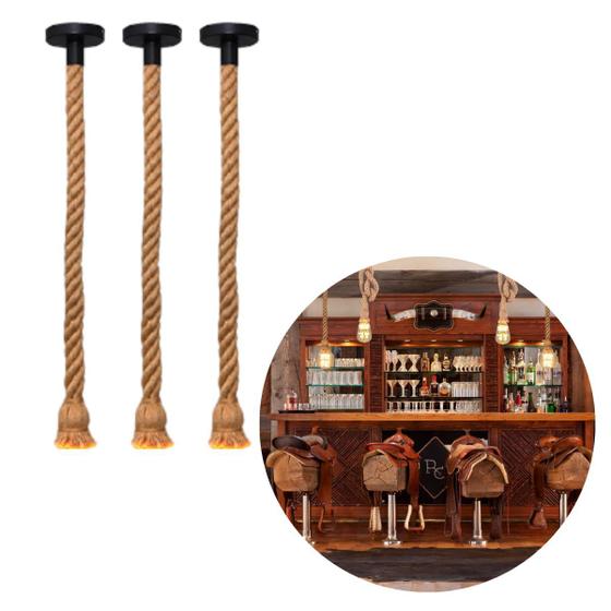 Imagem de Kit 3 Pendentes Vintage Corda Sisal Retro Rústico Lustre Luminária 1,10M Com Soquete Bocal E27 Canopla De Metal
