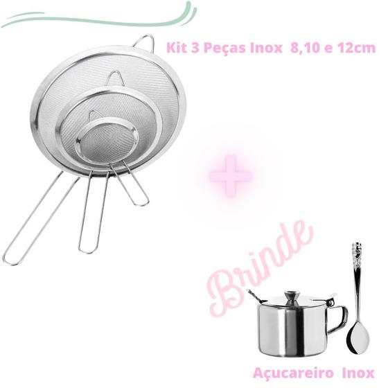 Imagem de Kit 3 Peneiras Inox Utensílios de Cozinha + Açucareiro