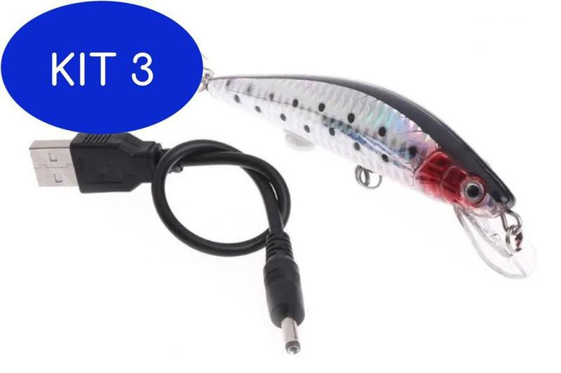 Imagem de Kit 3 Pescaria Isca Usb Recarregável Artificial Led Luz Lure Duro