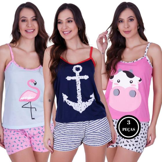 Imagem de Kit 3 Pijama Estampado Baby Doll - KIT 3 BICHINHO CURTO FLAMINGO ÂNCORA VAQUINHA