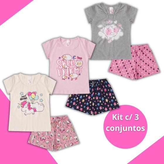 Imagem de Kit 3 Pijama Infantil Menina Verão Roupa de Dormir Algodão