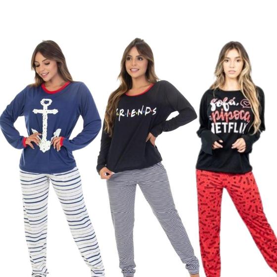 Imagem de  Kit 3 Pijamas De Frio Feminino Longo Estampado Personagens Desenhos