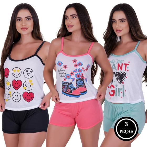 Imagem de Kit 3 Pijamas de Verão Short Curto Blusa de Alça de Calor Estampado -KIT 3 SUZI PRETO,CORAL,VERDE