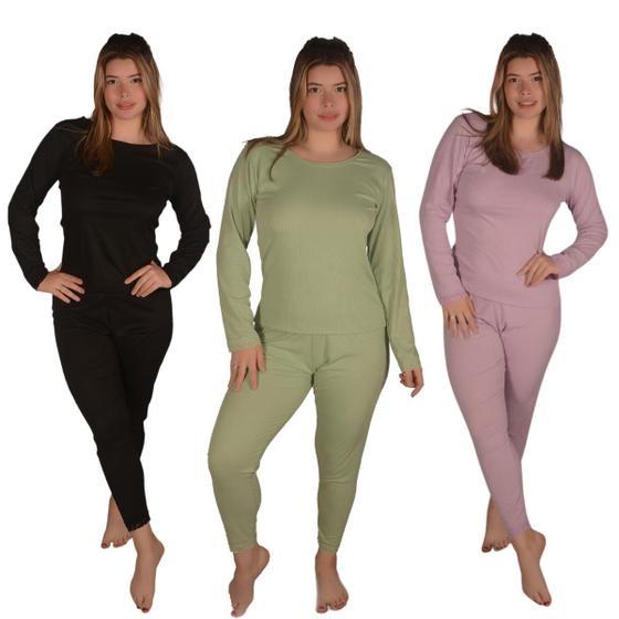 Imagem de Kit 3 Pijamas Feminino Inverno Suede Canelado Com Renda Manga Longa e Calça Confortável Para Frio Rendinha Rendado Longo