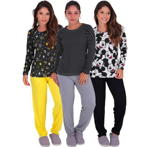 Imagem de Kit 3 Pijamas Feminino Manga Longa Viscose Inverno 