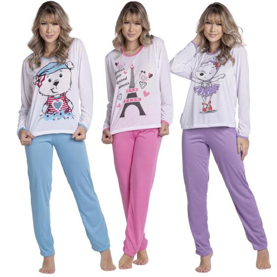 Imagem de Kit 3 Pijamas Longo Malha Estampado Feminino Inverno Blusa e Calça