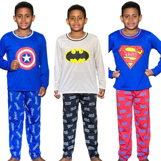 Imagem de Kit 3 Pijamas Longos Infantil Inverno Super Herói Desenho