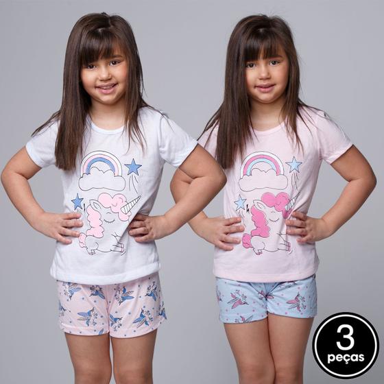 Imagem de Kit 3 Pijamas Malha Infantil Feminino Estampa Unicórnio