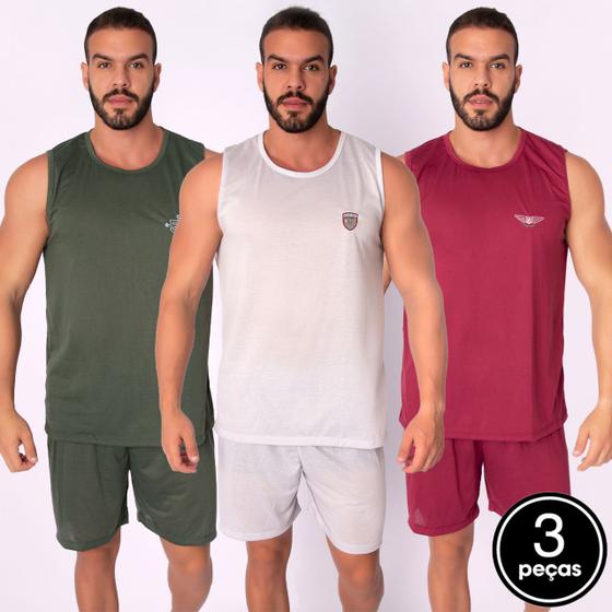 Imagem de Kit 3 Pijamas Malha Masculino Liso Short e Regata Curto Verão