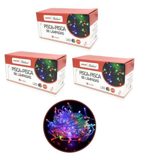 Imagem de Kit 3 Pisca Pisca 100 Lâmpadas LED Colorido Fio Transparente 8 Funções 127V  Total 300 Lâmpadas - Master Christmas