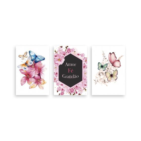 Imagem de Kit 3 Placa Decorativa Quadro Amor Fé Gratidão Floral Borboletas Rosa Azul 20cm x 30cm